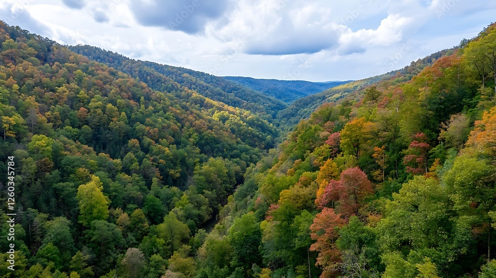 Fototapeta premium Autumn hiking adventure in scenic mountain valley nature landscape panoramic view