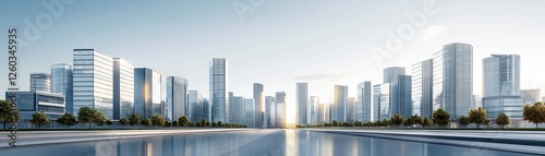 A modern skyline reflects on tranquil waters, showcasing sleek buildings and a clear sky, embodying urban sophistication and architectural elegance.