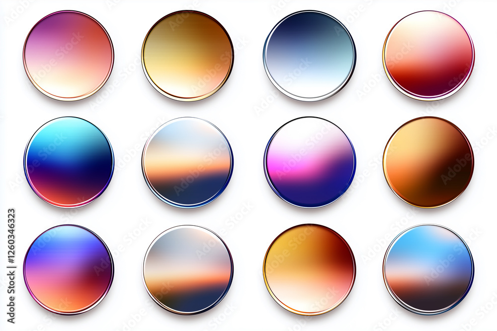 Metallic gradient icons in circular design on a bright background showcasing vibrant color variations Metallic gradient icons in circular design on a bright background showcasing vibrant color variations