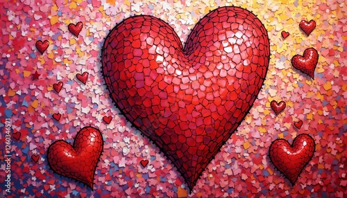 abstract illustration for Valentine's Day celebration, red hearts on colorful mosaic background, bright and cheerful