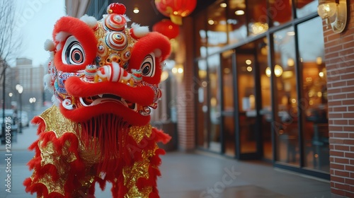 A traditional Chinese lion dance performed in frot photo