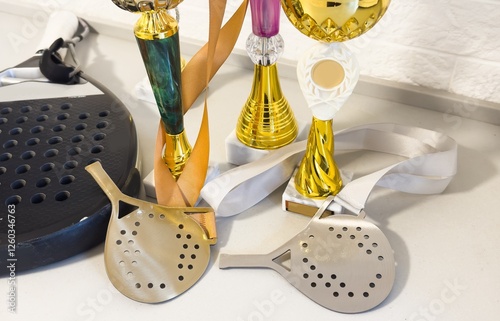 Golden trophy and padel racket. sport achievement, success concept. Business successful. photo