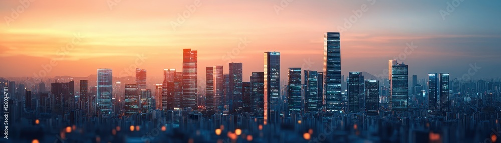 Obraz premium A vibrant city skyline at sunset, featuring modern skyscrapers illuminated by warm light against a colorful sky.