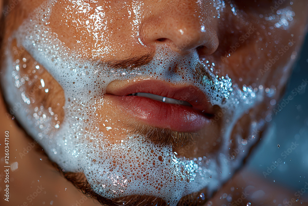 Obraz premium Young caucasian male with lathered face during shaving routine