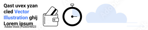Stopwatch, wallet with cash, and cloud in minimalist style. Ideal for time management, finance, online services, digital storage, cloud computing financial planning efficiency. Landing page