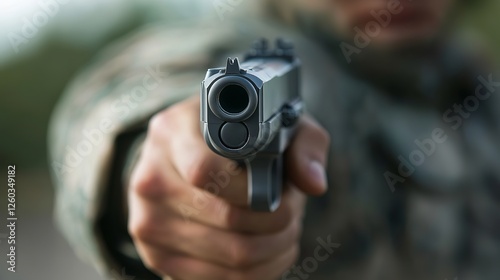 A depiction of a military soldier in uniform holding a firearm, symbolizing strength, bravery, and combat readiness photo