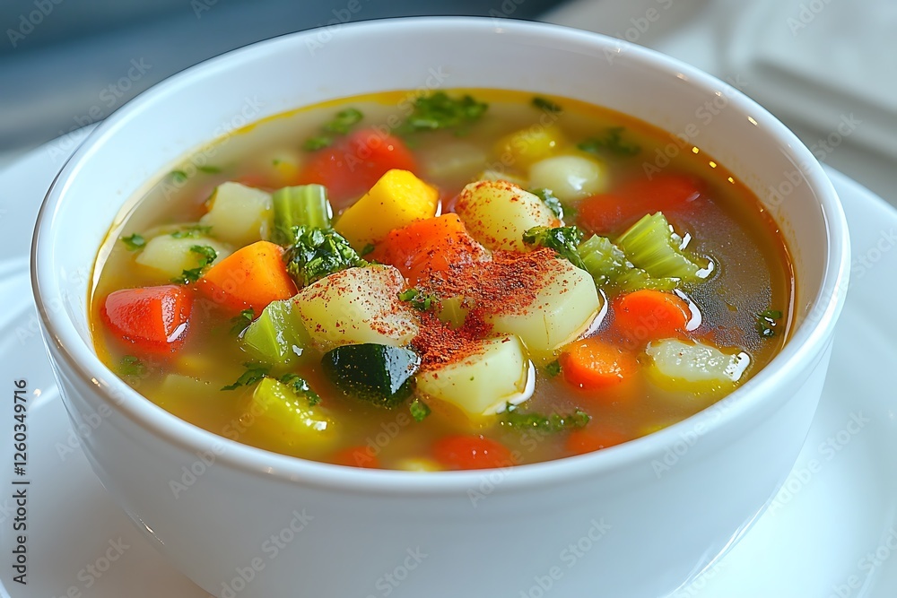 A beautifully styled shot of a bowl of vegetable soup, featuring a medley of colorful vegetables and a sprinkle of paprika, artfully arranged on a white plate. A beautifully styled shot of a bowl of vegetable soup, featuring a medley of colorful vegetables and a sprinkle of paprika, artfully arranged on a white plate.