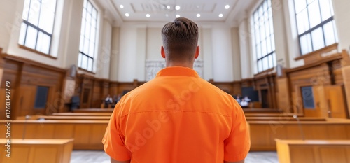 Prisoner facing court, courtroom background, justice