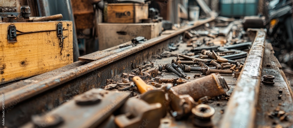 Railway Track Repair Scrap Parts Unsightly Area with Old Screws and Wooden Boxes for Waste Recycling and Maintenance Operations