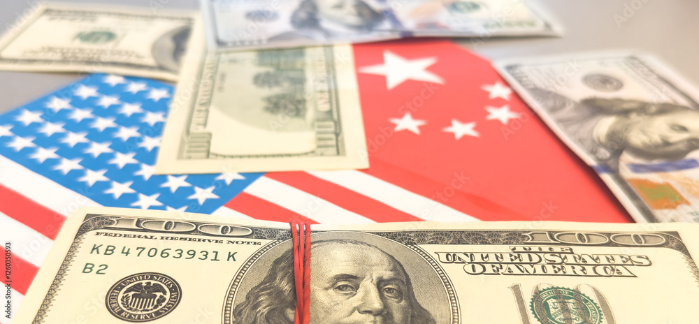 Us and china flags with currency symbolizing economic relations. Us and china flags with currency symbolizing economic relations.