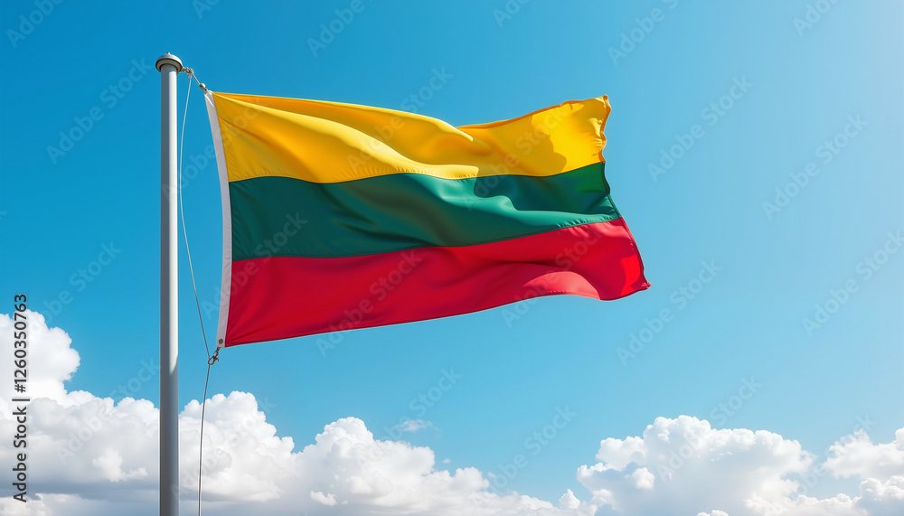 Vibrant Lithuania flag waving against clear blue sky, national pride Vibrant Lithuania flag waving against clear blue sky, national pride