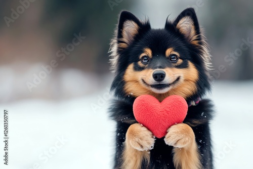 Advertising domestic animal visual idea. Cute finnish lapphund pup with companion toy red heart on a walk in a winter garden. Finnish lapphund - my cherished dog, symbol of friendship. photo