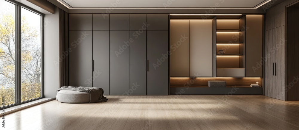 Fototapeta premium Minimalist interior design featuring an empty room and a sleek closet with modern lighting and a view of nature through large windows.