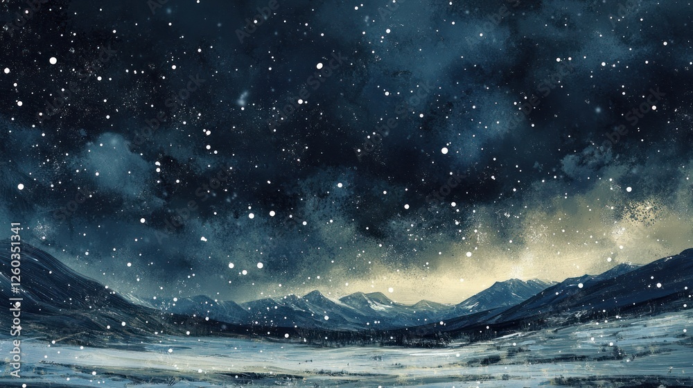 Fototapeta premium A Winter Scene with Snow Falling Over a Mountain Landscape at Night