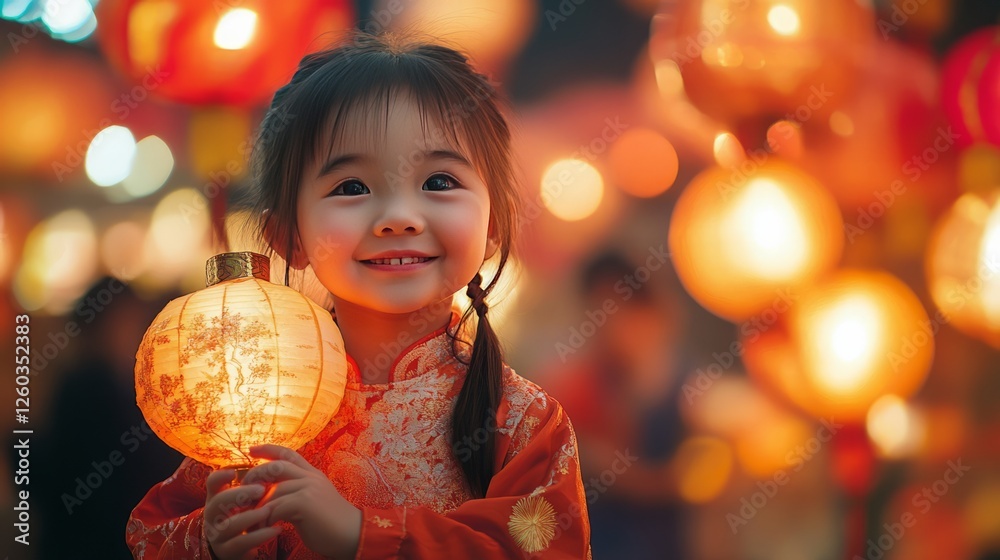 Naklejka premium A joyful child holding a traditional Chinese lantern, walking with family through a lantern festival during Chinese New Year
