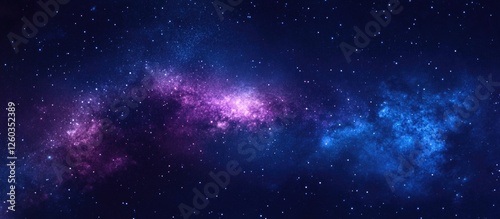 Cosmic starry sky with vibrant purple and blue nebulae creating a sparkling bokeh overlay for a luxurious holiday background design. photo