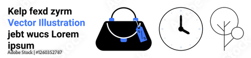 Black handbag with blue tag, classic clock with black hands, and stylized tree outline art. Ideal for fashion, retail, time management, minimalism, nature, modern design flat landing page banner