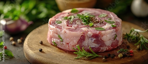 Fresh South Korean rib eye steak garnished with herbs on wooden cutting board showcasing premium quality raw beef preparation. photo