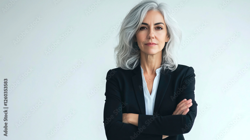 Confident mature caucasian female with gray hair in black suit against white background Confident mature caucasian female with gray hair in black suit against white background
