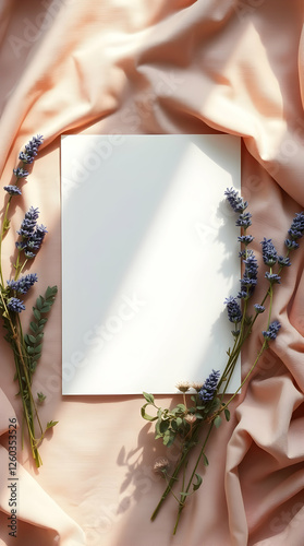 A blank sheet of paper in the center with flower and cloth decoration, use for invitations or presentations, blank space to add text