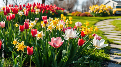 A Vibrant Symphony of Spring Blooms in a Sunlit Garden