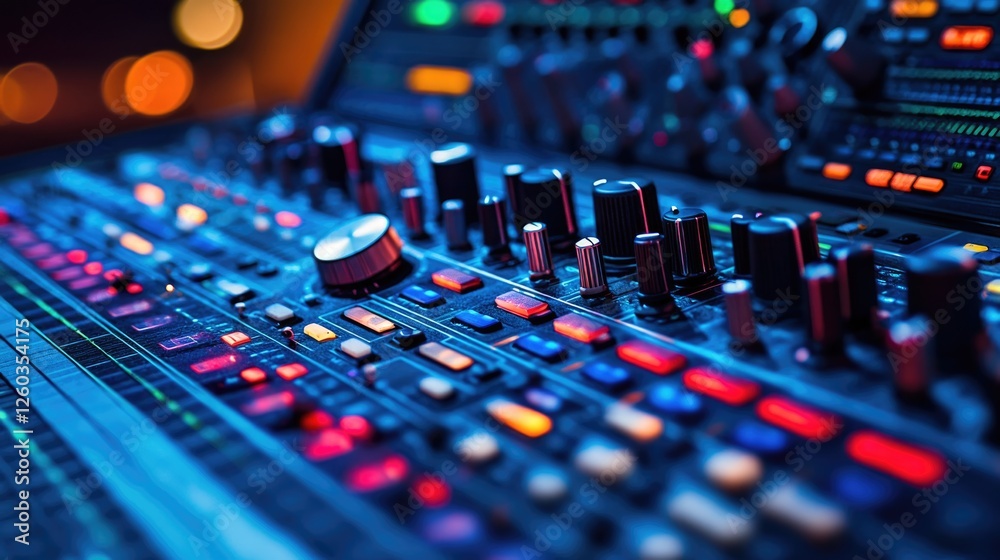 Sound engineer workspace with computer mixer and soundproofing for music production featuring vibrant controls and empty space for text Sound engineer workspace with computer mixer and soundproofing for music production featuring vibrant controls and empty space for text