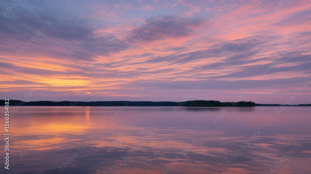 A serene sunset over a calm lake. Wispy clouds are reflected on the water's surface, creating a mirrored effect of the sky. A serene sunset over a calm lake. Wispy clouds are reflected on the water's surface, creating a mirrored effect of the sky.