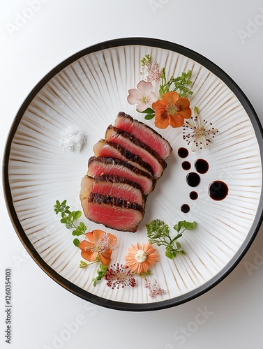 Thinly sliced seared beef tataki elegantly plated with edible flowers, fresh herbs, sea salt, and soy sauce drizzle on a textured ceramic plate. photo