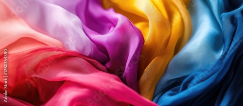 Vibrant silk fabric in flowing colors including red, purple, yellow, and blue creating a luxurious and elegant texture background. photo