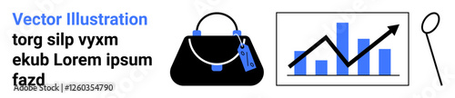 Handbag with sales tag, upward trend graph, and magnifier symbolizing shopping, data analysis, growth, commerce, retail trends, marketing and research. Ideal for business statistics flat landing