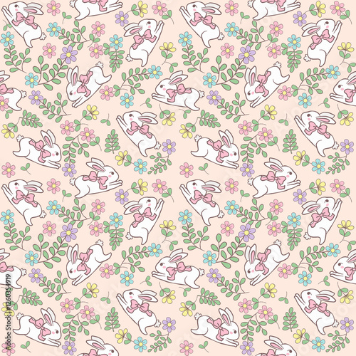 Easter Day Seamless Pattern: Easter Bunny Floral, Easter Rabbit and Bow