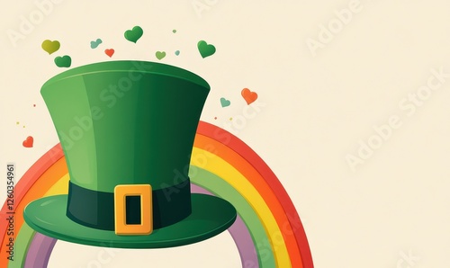 A green top hat with a rainbow on top decorated with four green shamrocks St.patrick background
