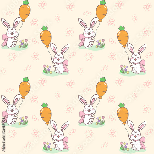 Easter Bunny Seamless Pattern: Easter Day Background with Cute Rabbits and Flowers