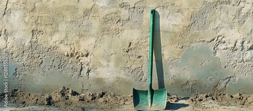 Shovel against a freshly plastered wall highlighting construction textures and green discoloration on metal after recent building work.
