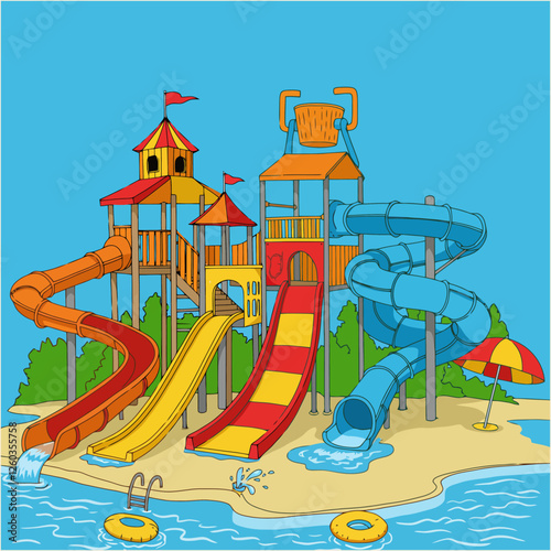 Fun Water Park Illustration with Slides, Towers and Blue Water