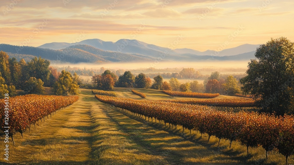 Fototapeta premium Autumn vineyard sunrise, misty valley, mountain background, wine region postcard