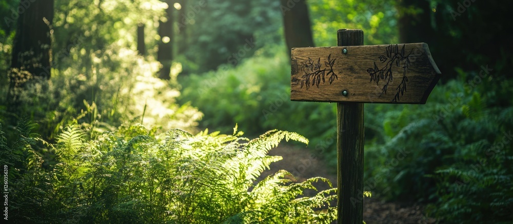 Wooden signpost directing through a lush green forest path with sunlight filtering through leaves creating a serene atmosphere. Wooden signpost directing through a lush green forest path with sunlight filtering through leaves creating a serene atmosphere.