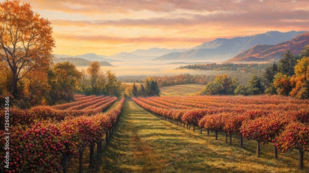 Obraz premium Autumn sunrise over orchard valley, misty mountains. Scenic postcard