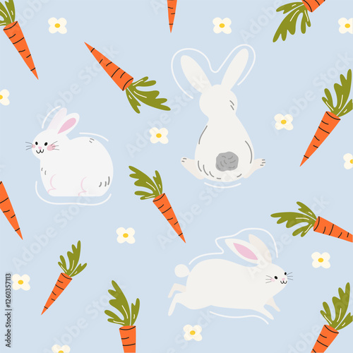 Happy Easter. Cute vector pattern with kawaii bunnies and carrots. Rabbits print design for greeting card, invitation or background. Wild animals background