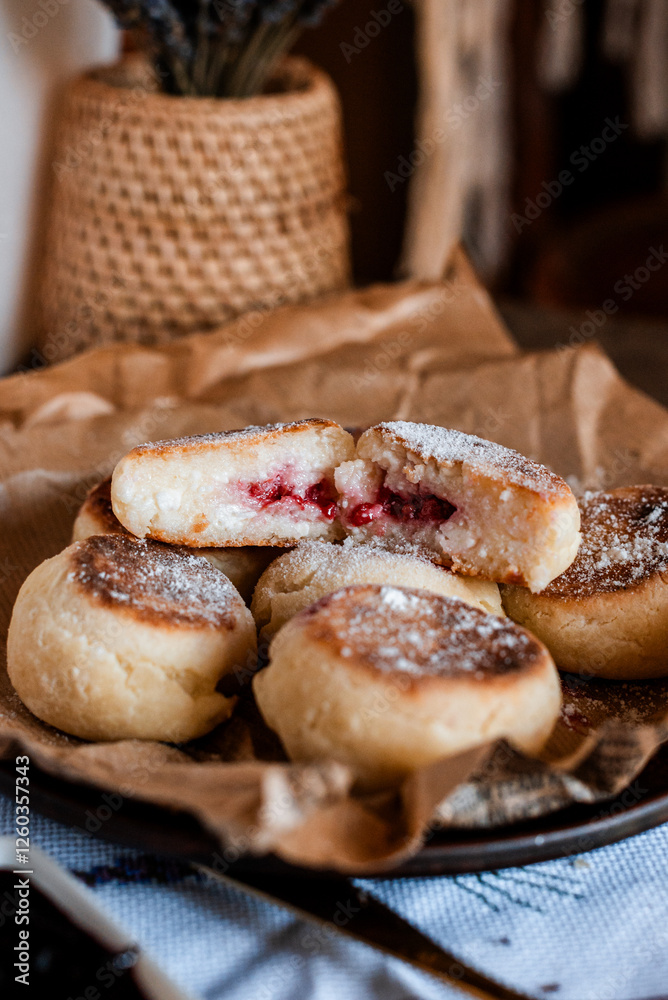 cheesecakes with raspberry jam, Ukrainian cuisine, rustic style, cutlets with sauce, cozy light still life, lunch, home cooking cheesecakes with raspberry jam, Ukrainian cuisine, rustic style, cutlets with sauce, cozy light still life, lunch, home cooking
