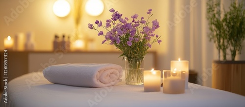 Relaxing spa ambiance featuring a soft towel, calming candles, and a serene bouquet of purple flowers for a tranquil wellness experience.