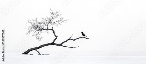 Silhouette of a barren tree branch with a solitary bird perched against a minimalist white background for artistic nature imagery. photo