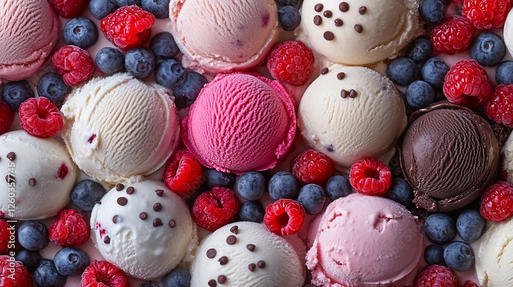 Assorted ice cream scoops with berries. Delicious summer dessert Assorted ice cream scoops with berries. Delicious summer dessert