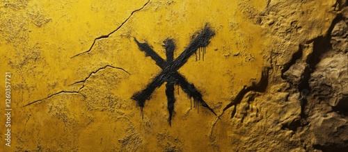 Ehwaz Rune Symbol in Black Paint on Textured Yellow Wall Artistic Background photo