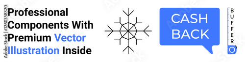 Bold Cash Back text in blue speech bubble, detailed snowflake design, minimalist layout. Ideal for branding, cashback promotions, winter sales, marketing campaigns, business ads, UI design flat