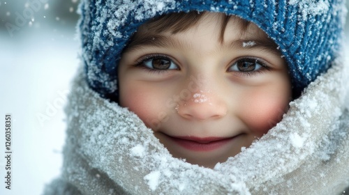 Smiling boy in winter attire with knit hat surrounded by fresh snowflakes in a picturesque snowy landscape. photo