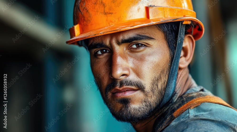 Focused construction worker in orange helmet showcasing determination and strength in an industrial setting. Focused construction worker in orange helmet showcasing determination and strength in an industrial setting.