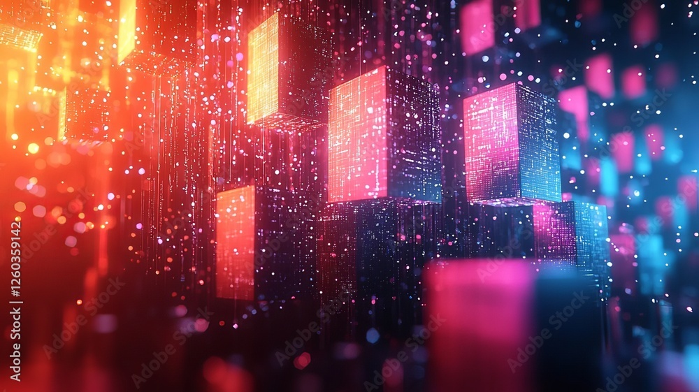 Vibrant abstract digital landscape with glowing cubes and sparkling particles, perfect for tech, innovation, and futuristic themes. Vibrant abstract digital landscape with glowing cubes and sparkling particles, perfect for tech, innovation, and futuristic themes.