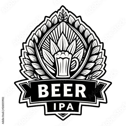 Monochrome vector illustration featuring a pint of india pale ale beer surrounded by a decorative motif of hops and barley, ideal for brewery logos, labels, or pub signage