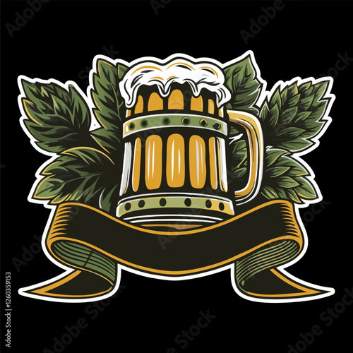 Wooden beer mug with overflowing foam, adorned with hops branches and a blank ribbon, creating a vintage style emblem perfect for brewery or bar branding